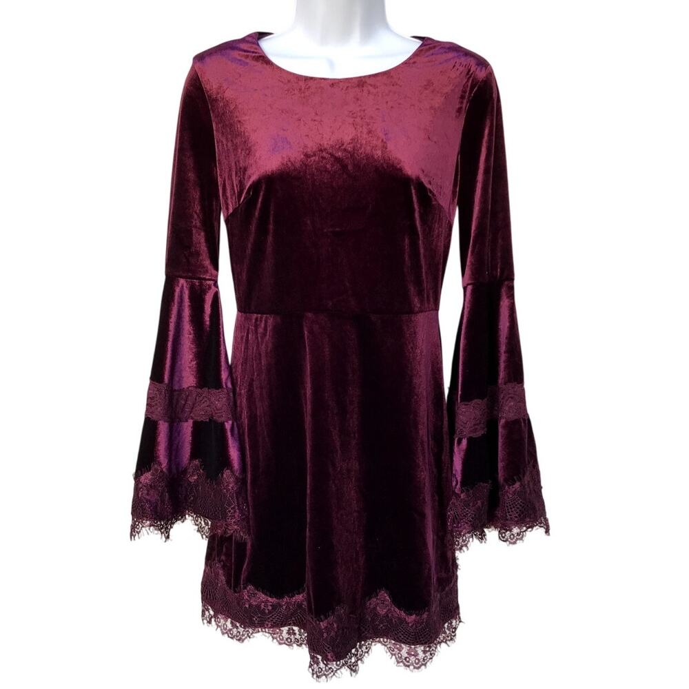 Aqua Burgundy Velvet Sheath Dress with Bell Sleeves and Lace Trim size S - Picture 1 of 9